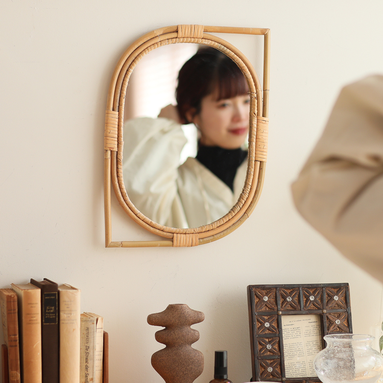 ミラー 鏡 壁掛け JUGLAS LEAF 楕円形 卓上 玄関 ラタン 籐 北欧