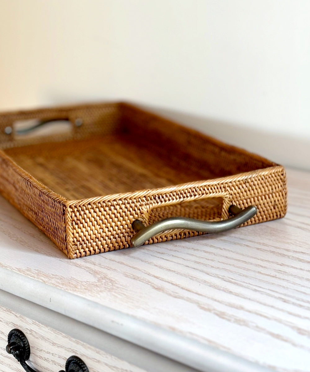 アタ 真鍮取っ手トレー 横長42cm ウェーブデザイン バリ島手作り