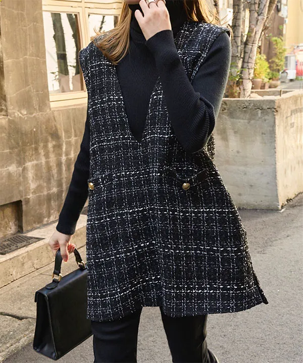 金ボタンVネックツイードロングベスト [C7372] - レディース