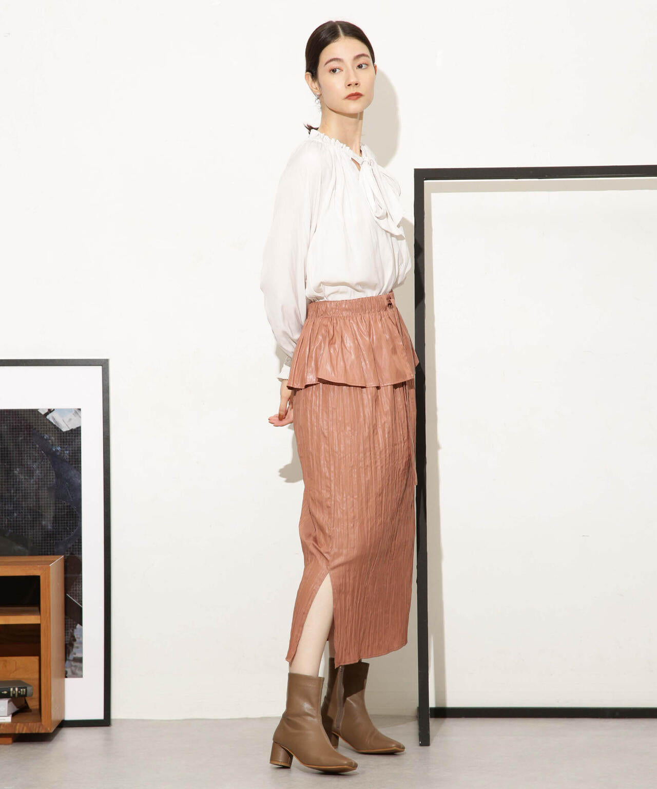 チンツサテンティアードプリーツスカート（セットアップ可）