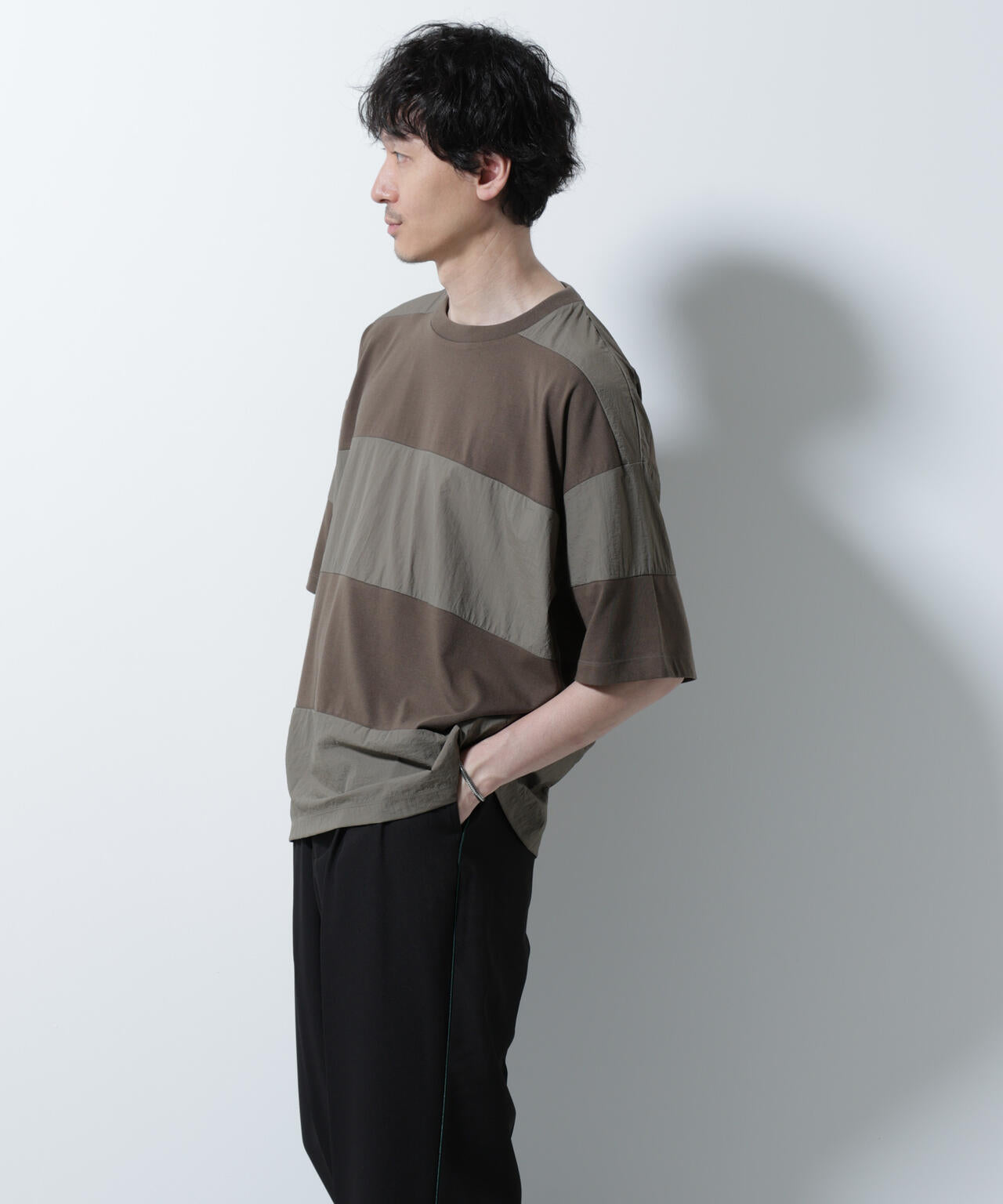 リラックス異素材ボーダー Tシャツ 半袖