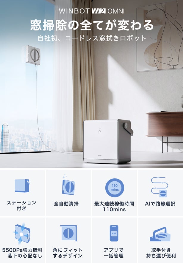 コードレス窓拭きロボット「WINBOT W2 OMNI」ファースト